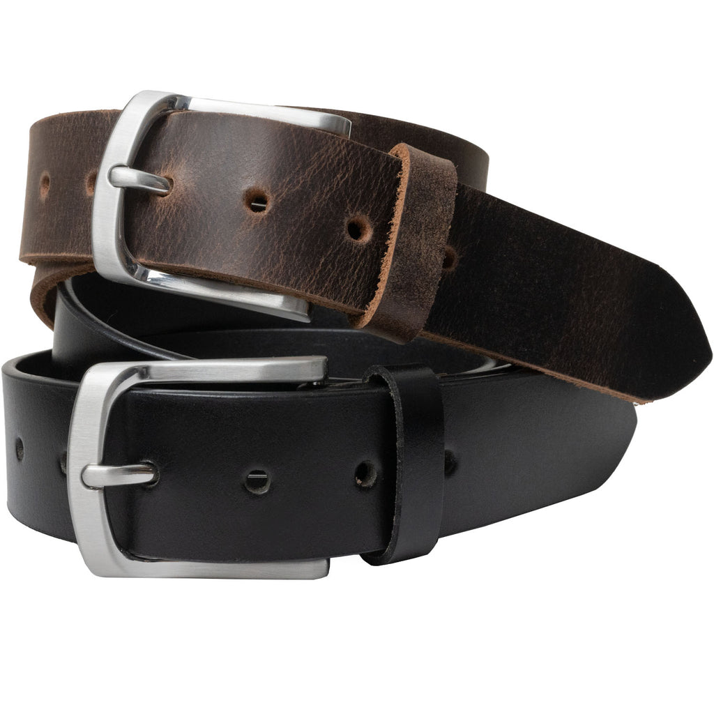 Urbanite Black and Brown Leather Belt Set by Nickel Zero. One solid black belt, one solid brown.
