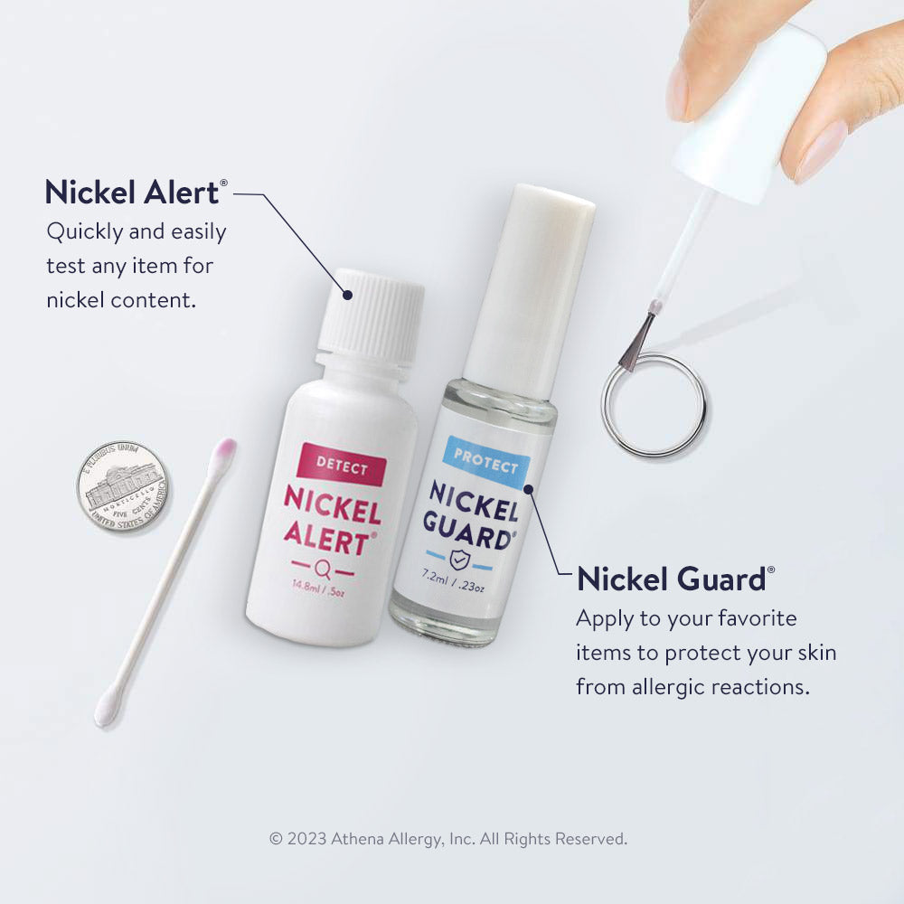 Nickel Alert - quickly & easily test any metal item for nickel. Nickel Guard - apply to your favorite items to protect your skin from allergic reactions.