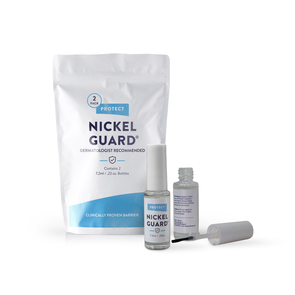 Nickel Guard 2 pack. Protect. Dermatologist recommended. Two 0.23oz bottles.