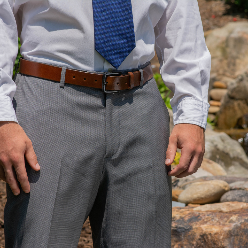 The Specialist Brown Belt by Nickel Smart® on a model with gray slacks