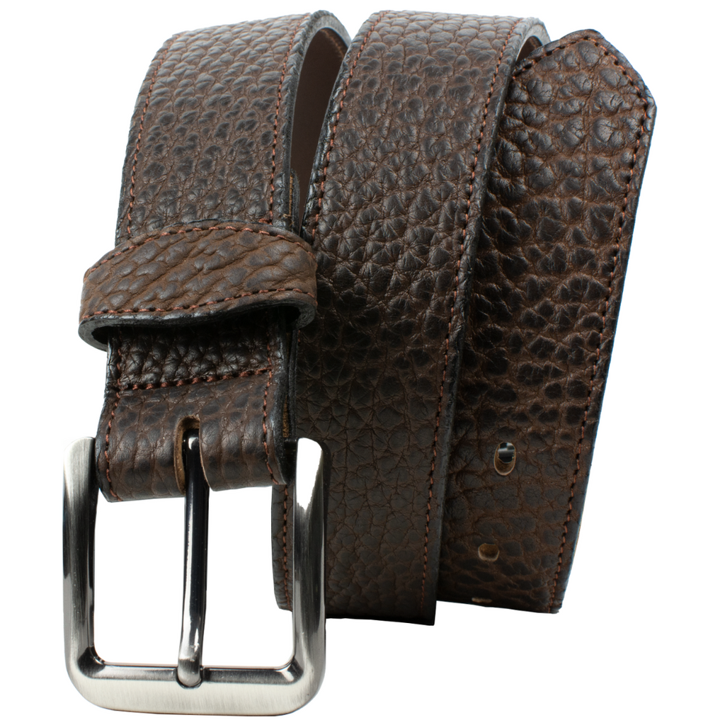 Nickel Free Buckle sewn onto brown bison leather