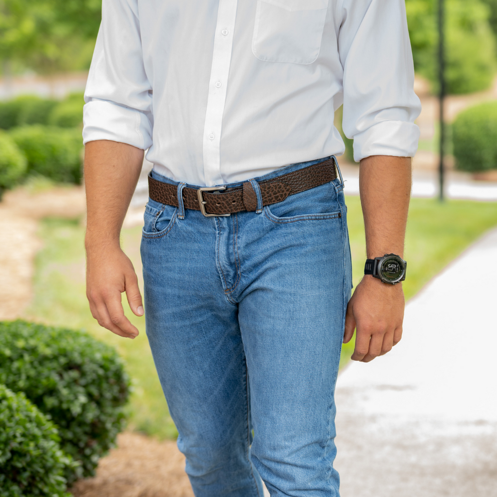 Model wearing brown textured leather belt with Nickel Free Buckle | Made in USA
