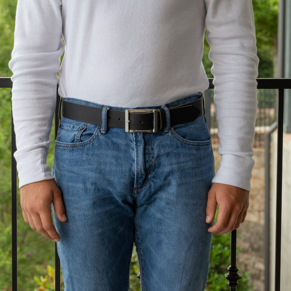 Titanium Work Belt II (Black) on model in jeans. Full grain black leather belt with titanium buckle.