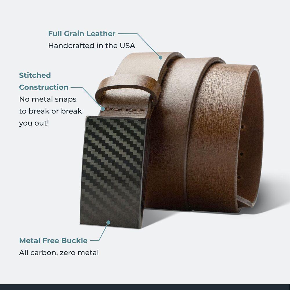 Full Grain Leather: handcrafted in the USA; Stitched Construction: no metal snaps to break or break you out; Metal Free Buckle: all carbon, zero metal