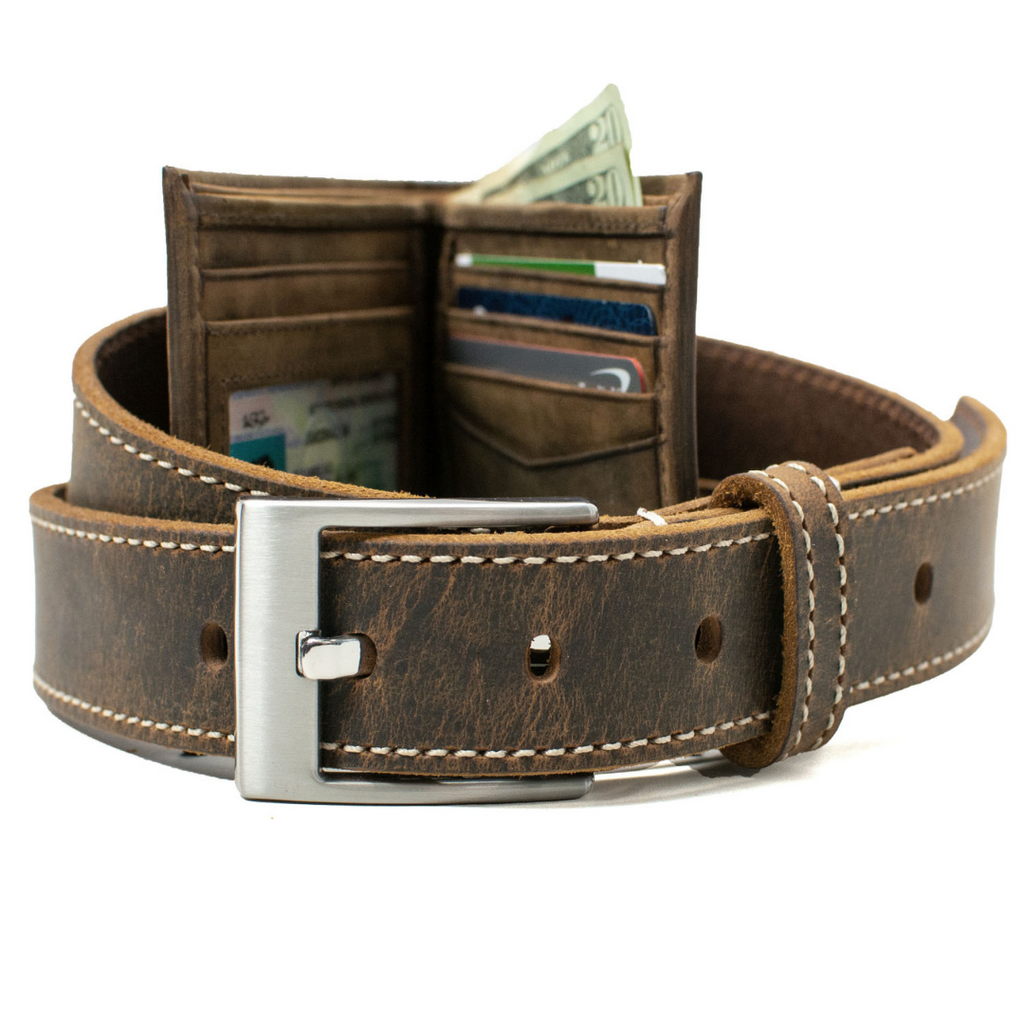 caraway mountain stitched leather belt with Randolph wallet 