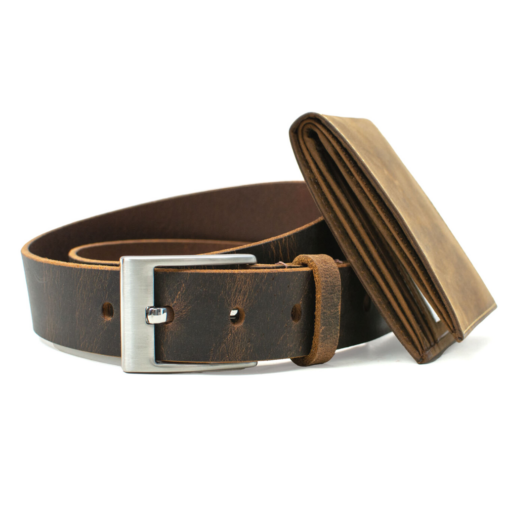 Caraway Mountain belt with bifold Randolph wallet. Distressed brown leather