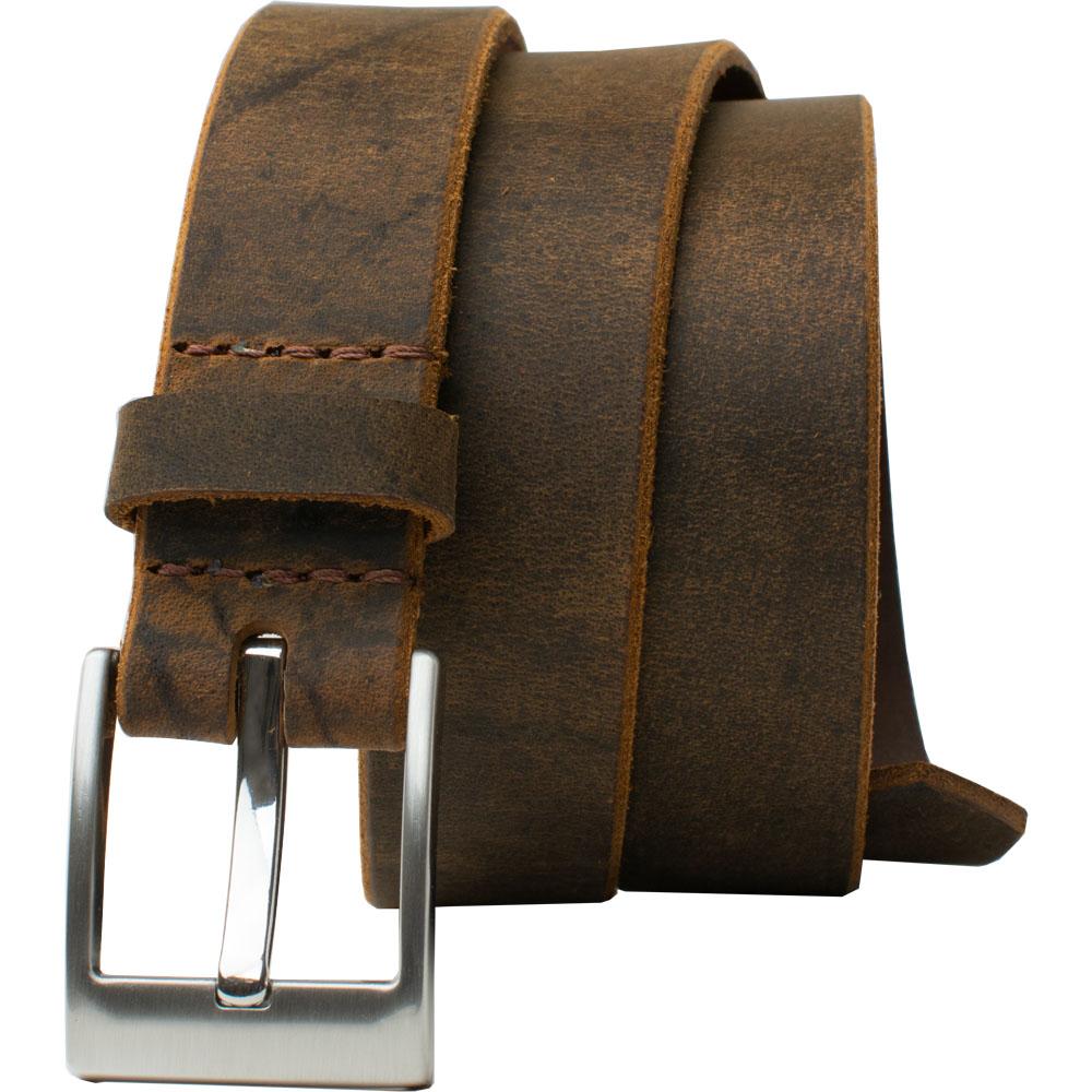 Caraway Mountain Distressed Brown Leather Belt by Nickel Smart. Silver tone buckle, brown strap.
