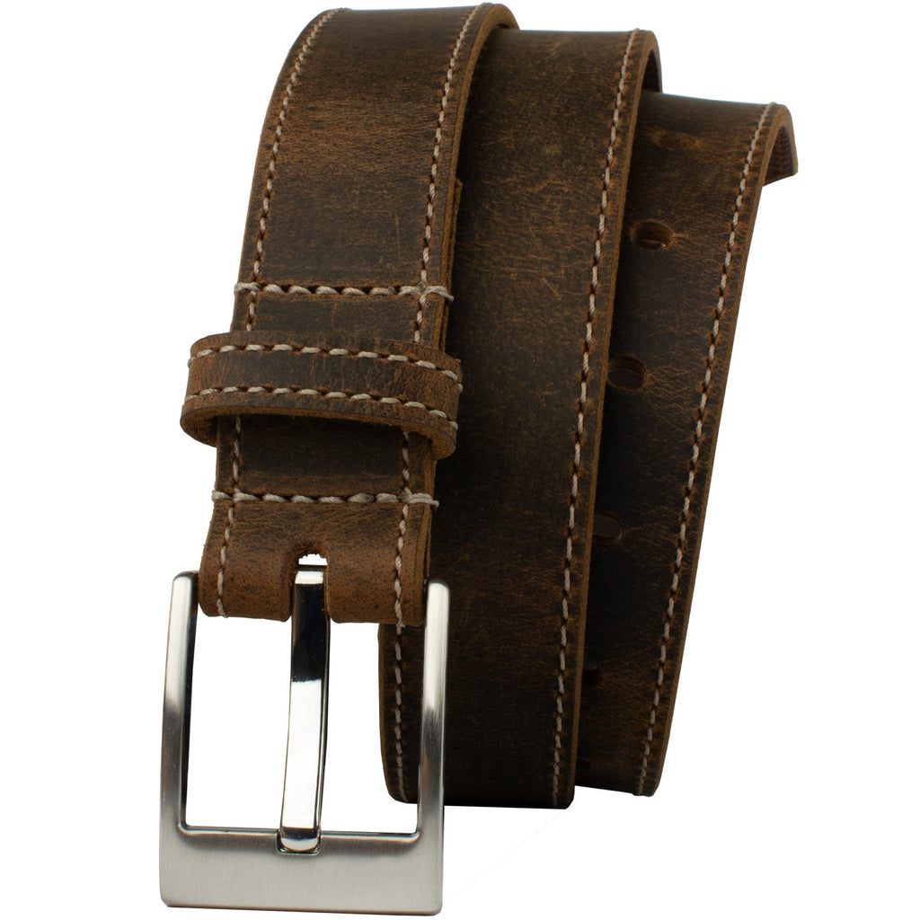 Caraway Mountain Distressed Brown Leather Belt (stitched) by Nickel Smart | nickel-free, distressed leather