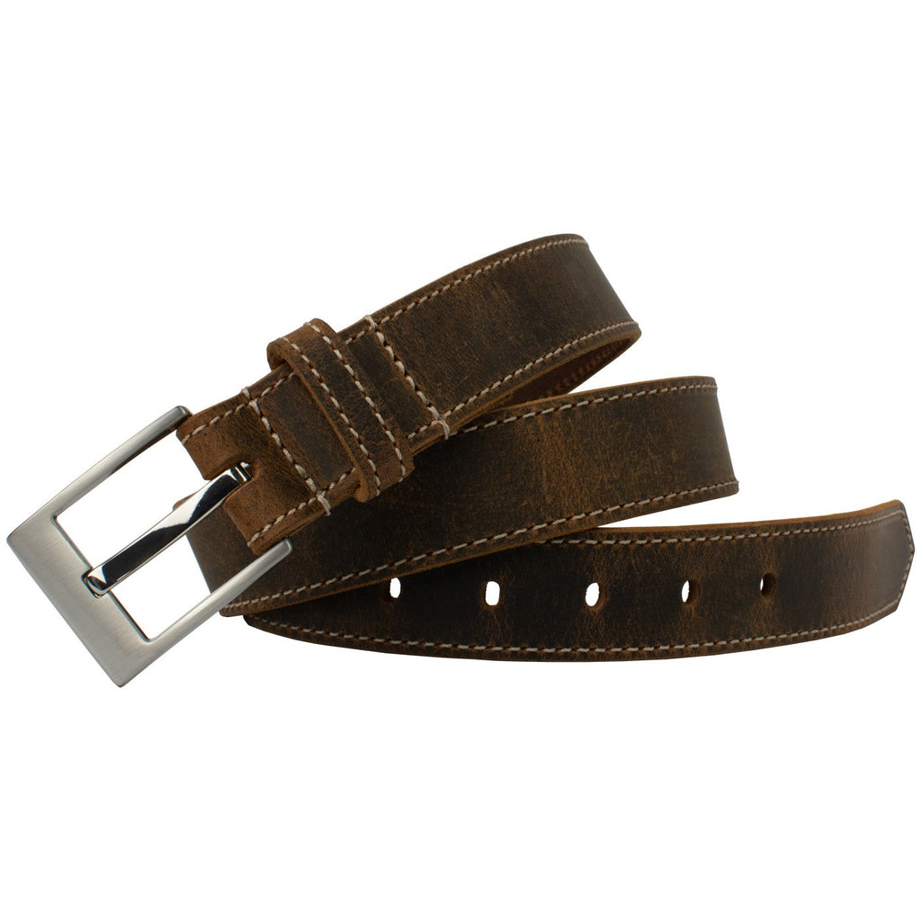 brown leather strap with Square buckle stitched to strap. Nickel free buckle