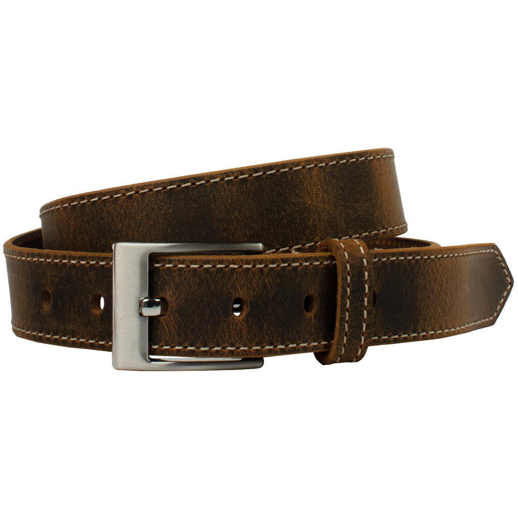 Caraway Mountain Distressed Brown Leather Belt (stitched) by Nickel Smart | nickel-free, hypoallergenic square buckle
