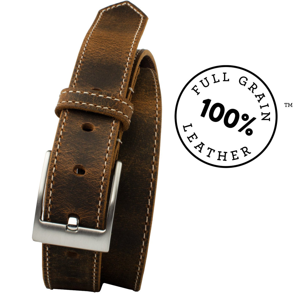 Caraway Mountain Distressed Brown Leather Belt (Stitched). Handcrafted in the USA. Zinc alloy buckle