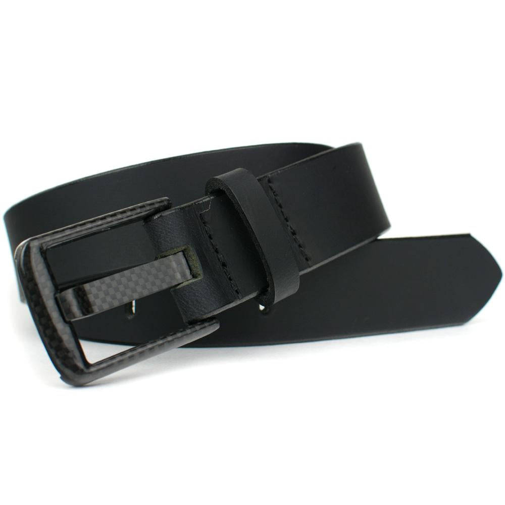 Image of Wide Pin Black Leather Belt by Nickel Smart. black carbon fiber buckle with wide buckle pin