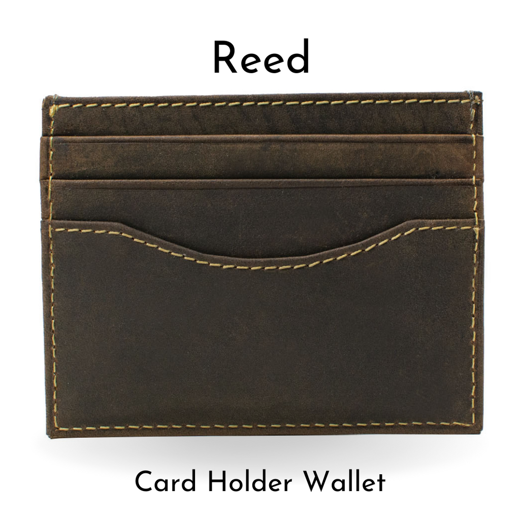Reed Card Holder Wallet. Dark brown distressed leather with cream accent stitching around edges.