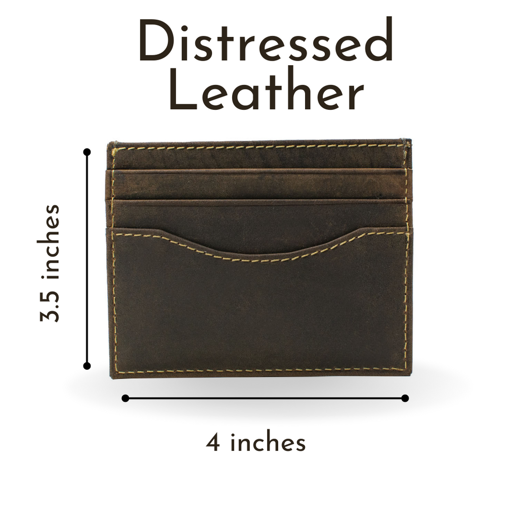 Reed Wallet. Distressed Leather. 3.5 inches tall by 4 inches wide. Slim fit for everyday use.