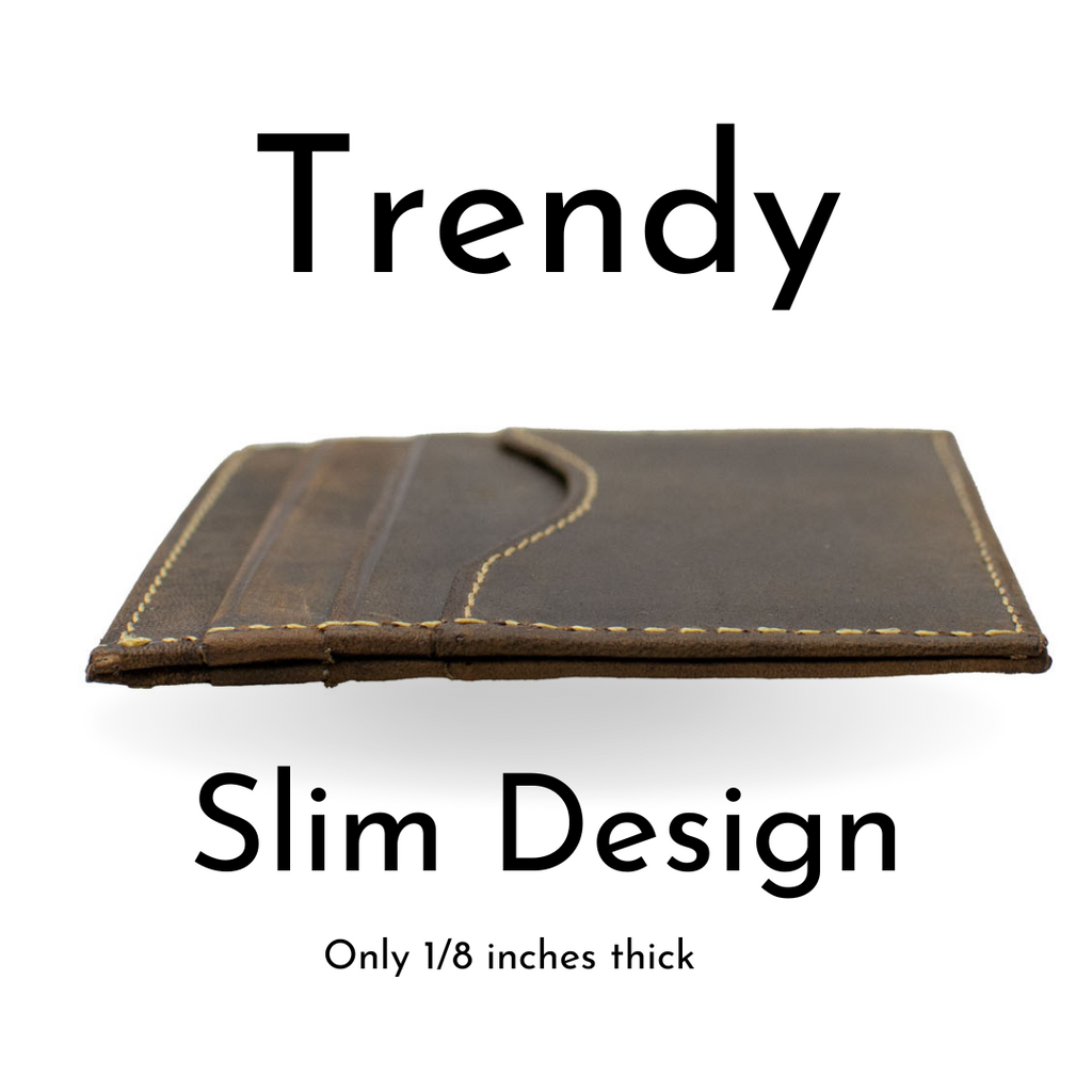 Image of Reed Distressed Leather Card Holder Wallet showing trendy Slim Design. 0.125 inch thick