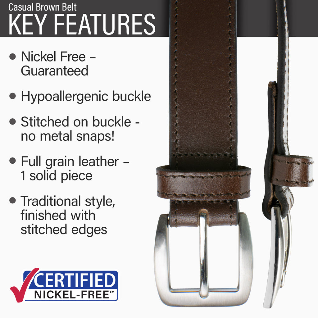 Infographic-Features nickel free buckle, hypoallergenic buckle, full grain leather, traditional style
