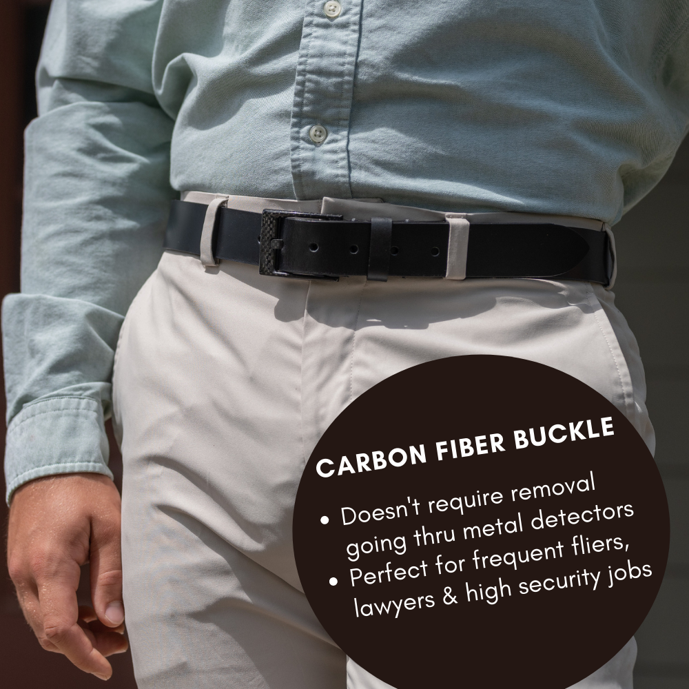 The Classified Black Belt by Nickel Smart® on model | carbon fiber buckle doesn't require removal going through metal detectors; perfect for frequent fliers, lawyers, and high security jobs