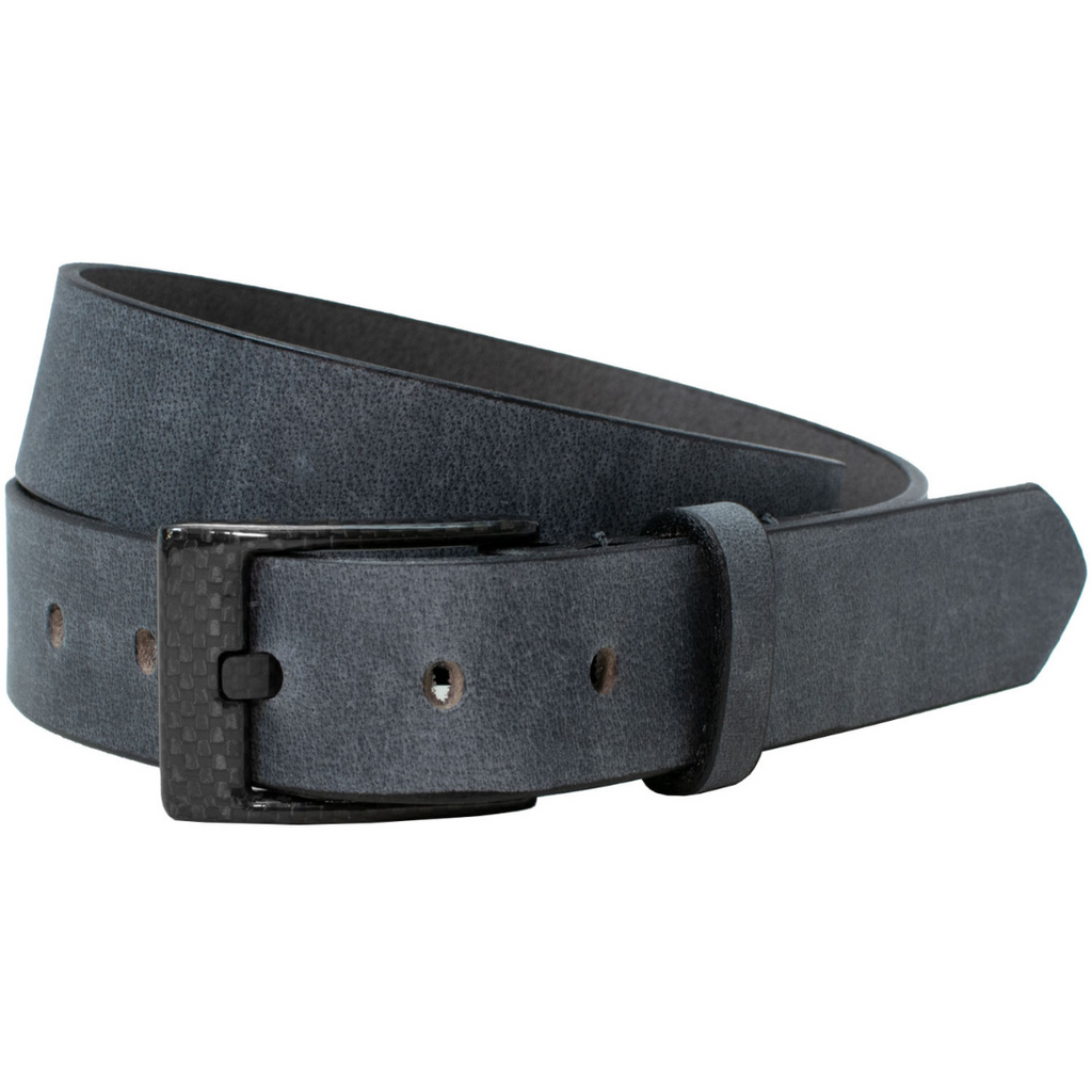 The Classified Distressed Gray Leather Belt with no metal buckle. Carbon Fiber Buckle. TSA Friendly