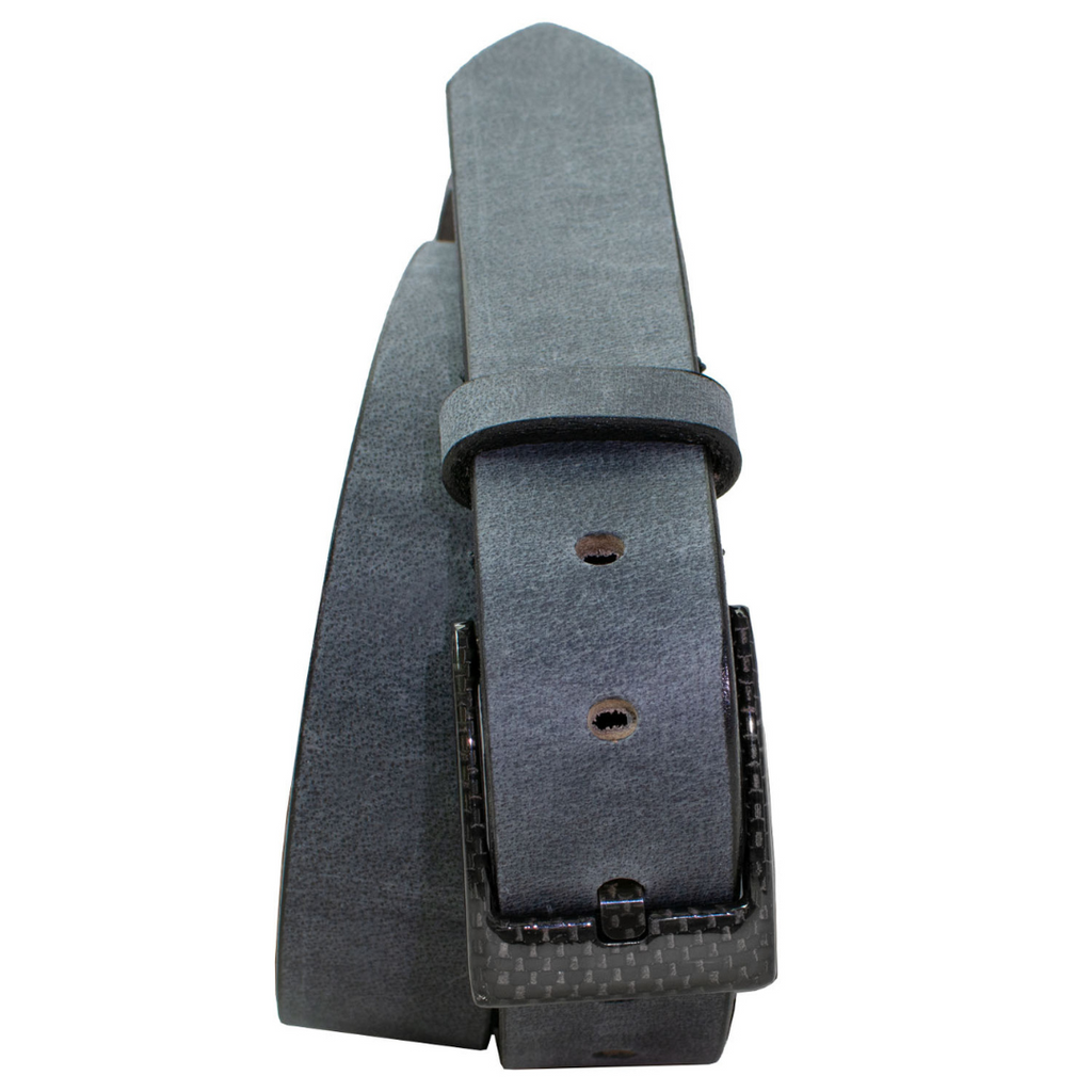 Image of 1⅜ inches (35 mm) gray distressed leather belt with black carbon fiber buckle. Rectangular