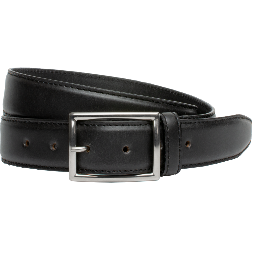 Image of black belt with titanium buckle. 1⅜ inches (35 mm) Single stitching on edges. The Entrepreneur Black Leather Belt by Nickel Smart. Center bar buckle