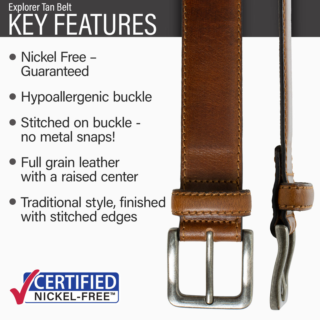 Key features of Explorer Nickel Free Brown Leather Belt | Hypoallergenic buckle, stitched on nickel-free buckle, tan full grain leather, traditional style