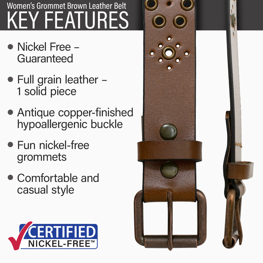 Key features of Women’s Nickel Free Grommet Brown Leather Belt | Hypoallergenic buckle, stitched on nickel-free copper buckle, full grain leather, nickel-free grommets, casual style