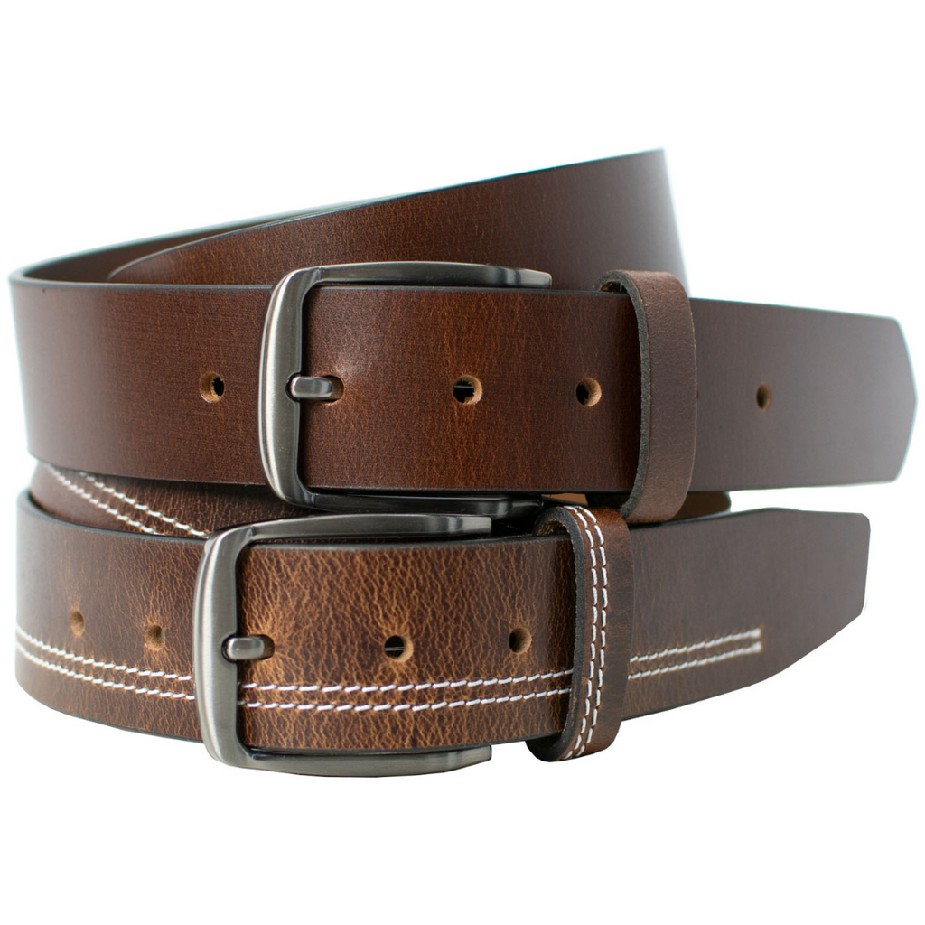 Millennial Brown and Brown Stitched Leather Belt Set. Casual, modern belts. Zinc alloy buckle.