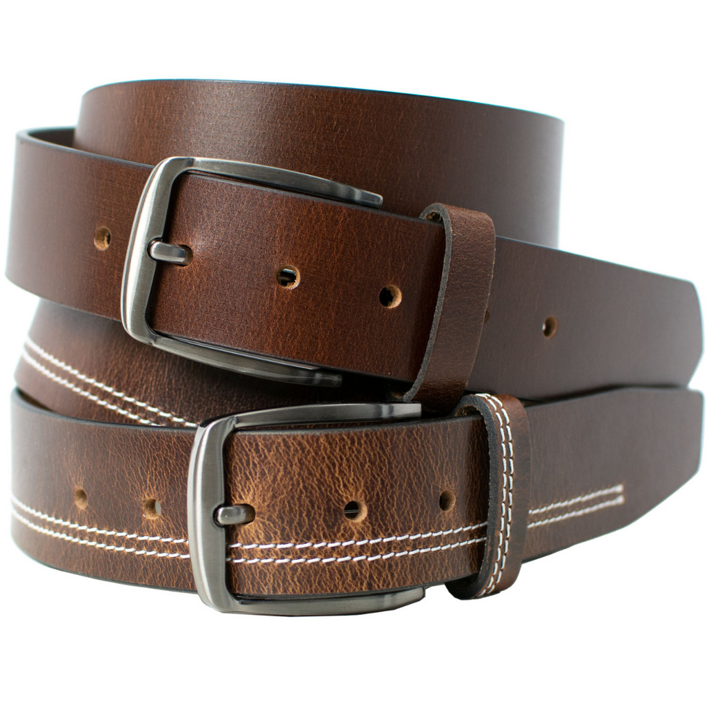 Millennial Brown and Brown Stitched Leather Belt Set. One belt has two lines of white stitching.