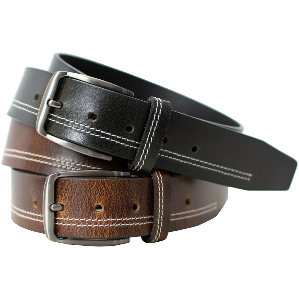 Millennial Black Stitched and Brown Stitched Leather Belt Set. Zinc alloy buckles sewn to strap.