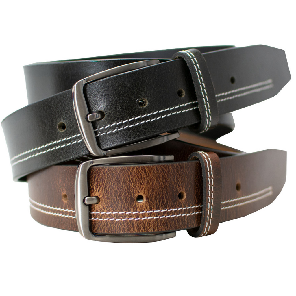 Millennial Black Stitched and Brown Stitched Leather Belt Set. One black, one brown strap. 