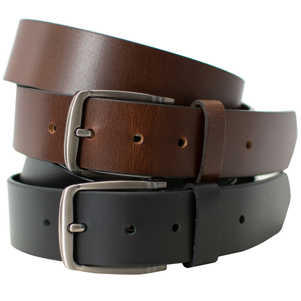 Millennial Black and Brown Leather Belt Set. Glossy brown and black straps. Silver-tone buckles.