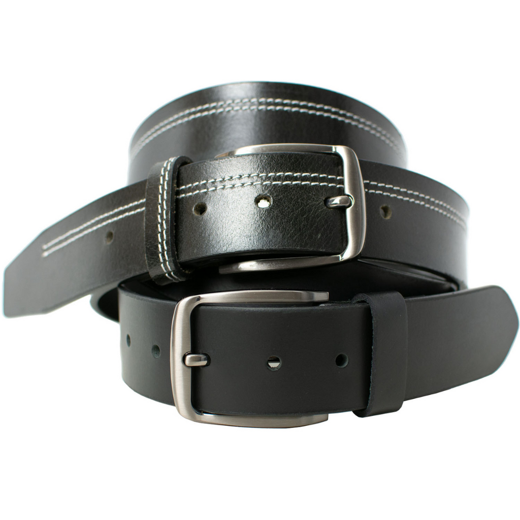 Millennial Black and Black Stitched Leather Belt Set. Glossy black leather, hypoallergenic buckles.