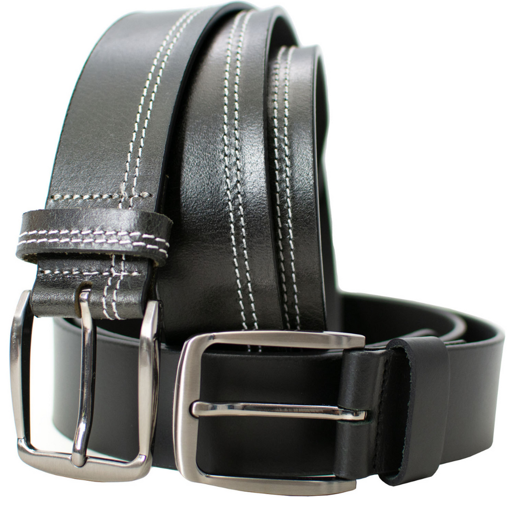 Millennial Black and Black Stitched Leather Belt Set. Same slim nickel-free buckle stitched to strap