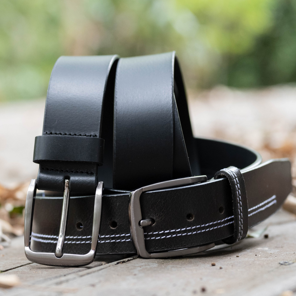 Millennial Black and Black Stitched Leather Belt Set outside. Black straps, one w/ double stitching.