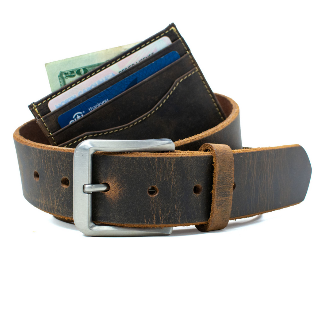 Reed Wallet wrapped inside Mt. Pisgah Belt. Great, durable matching distressed brown leather.