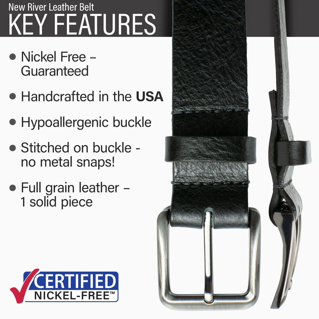 Guaranteed nickel free, made in USA, hypoallergenic buckle stitched to strap, full grain leather