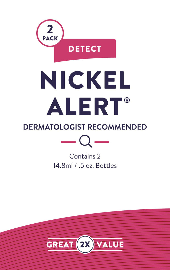 Nickel Alert 2-pack packaging. Dermatologist recommended. Contains 2 14.8ml bottles.