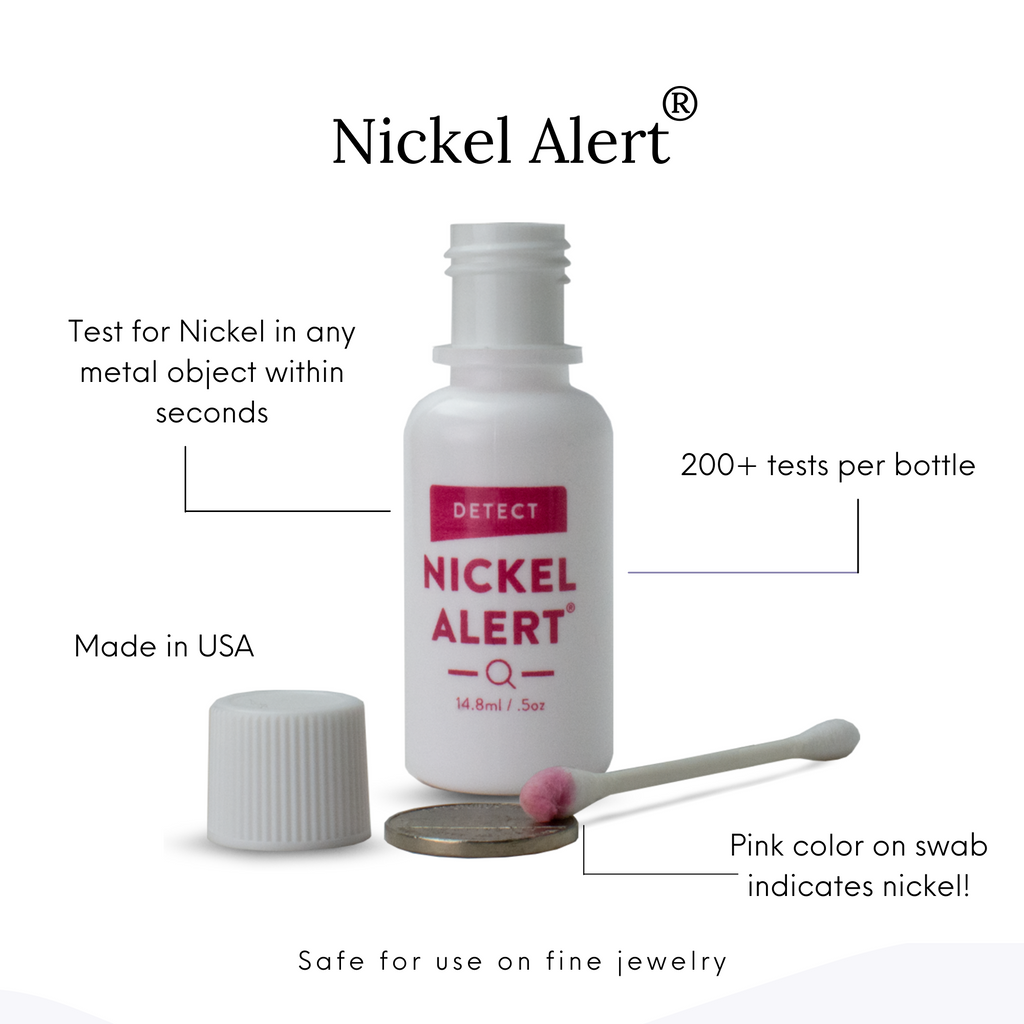 Infographic on Nickel Alert stating : Test for Nickel in any metal object within seconds | 200+ tests per bottle | Made in USA | Pink color on swab indicate nickel! | Safe for use on fine jewelry.