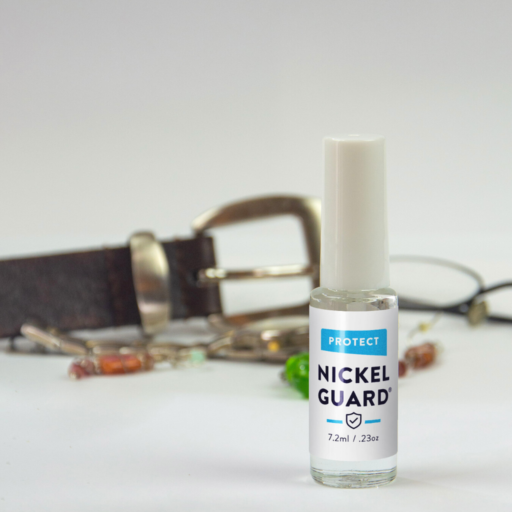 Nickel Guard applied to earrings, watch, eye glasses and belt buckle to protect from nickel contact.