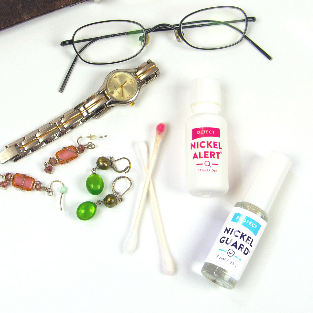 Items to test and protect with Nickel Solution. Glasses, watch, earrings.  Made in USA
