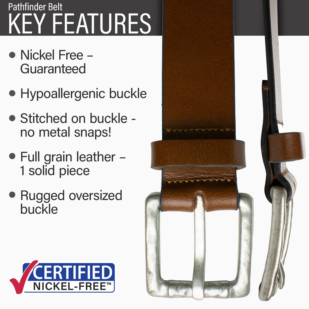 Key features of Pathfinder Nickel Free Brown Belt | Hypoallergenic buckle, stitched on buckle, full grain leather, rugged oversized buckle.