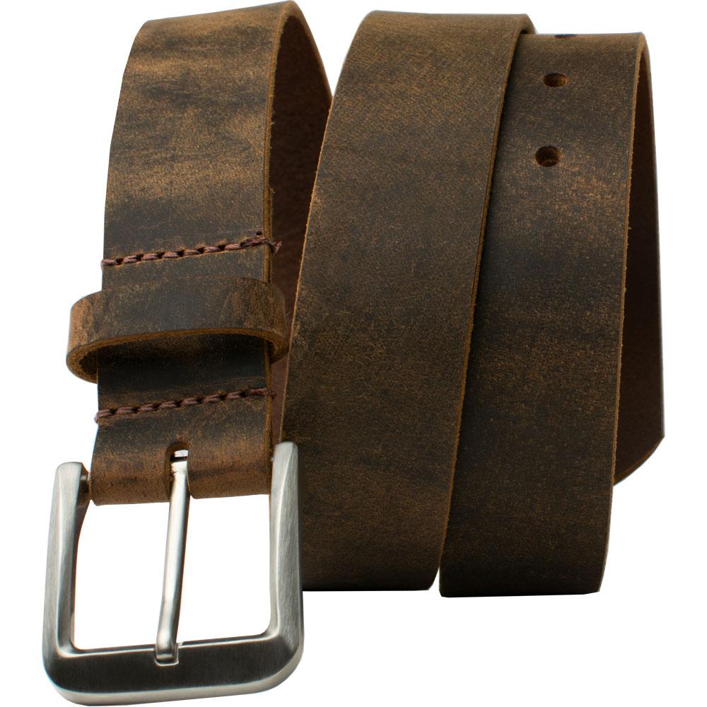 Mt. Pisgah Titanium Leather Belt. Distressed brown leather strap with curved titanium buckle