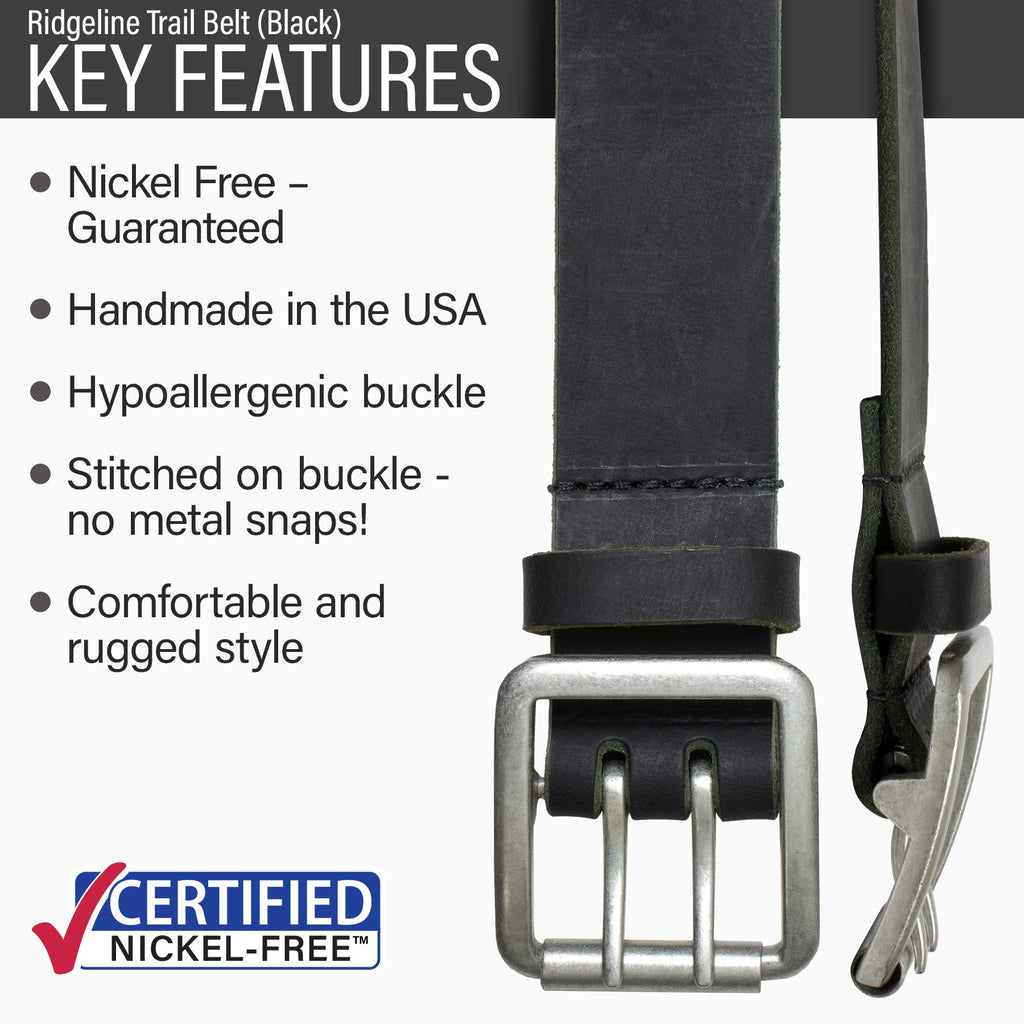 Ridgeline Trail Black Belt key features || nickel-free guaranteed, handmade in USA, hypoallergenic, buckle stitched to strap, comfortable, rugged