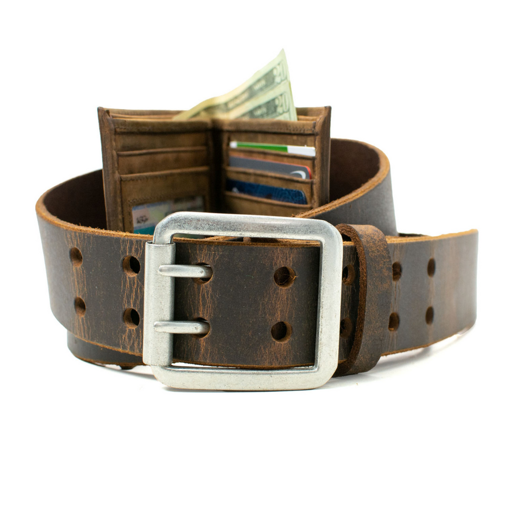 Ridgeline Trail Brown Distressed Leather Belt and Wallet Set with Randolph Wallet.