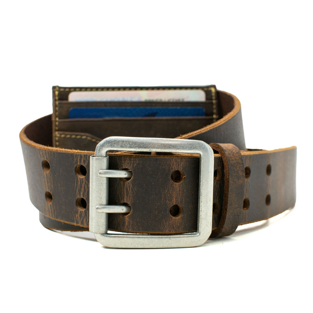 Ridgeline Trail Brown Distressed Leather Belt and Wallet Set. Nickel-free belt with card holder.