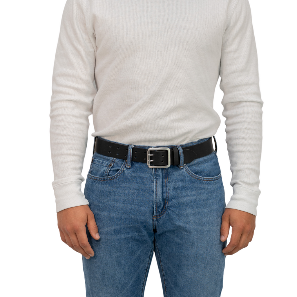 Ridgeline Trail Heavy Duty Black Belt on model wearing jeans. Casual style for outdoor work wear.