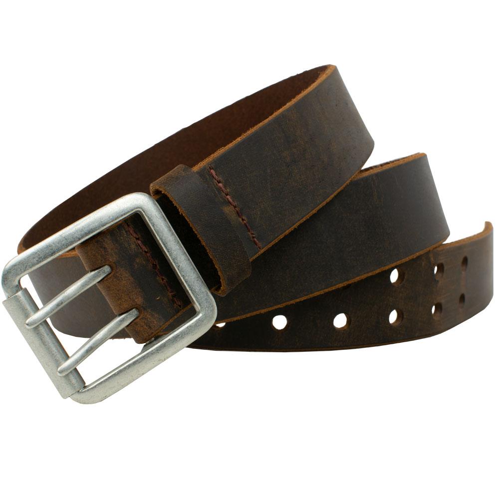 Ridgeline Trail Distressed Leather Belt (Brown). Silver-tone double-prong buckle with roller feature