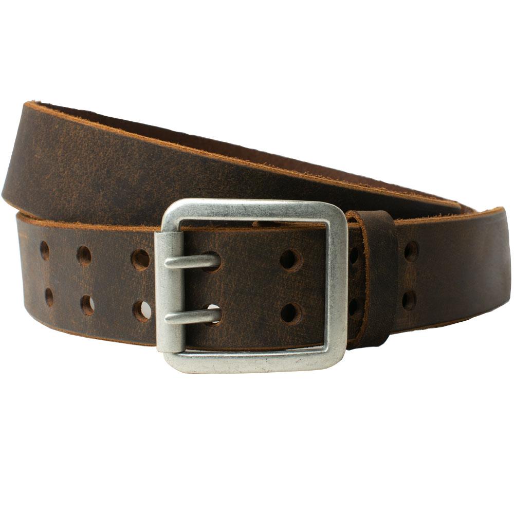 Ridgeline Trail Distressed Leather Belt (Brown). Unique buckle is stitched directly to casual strap.