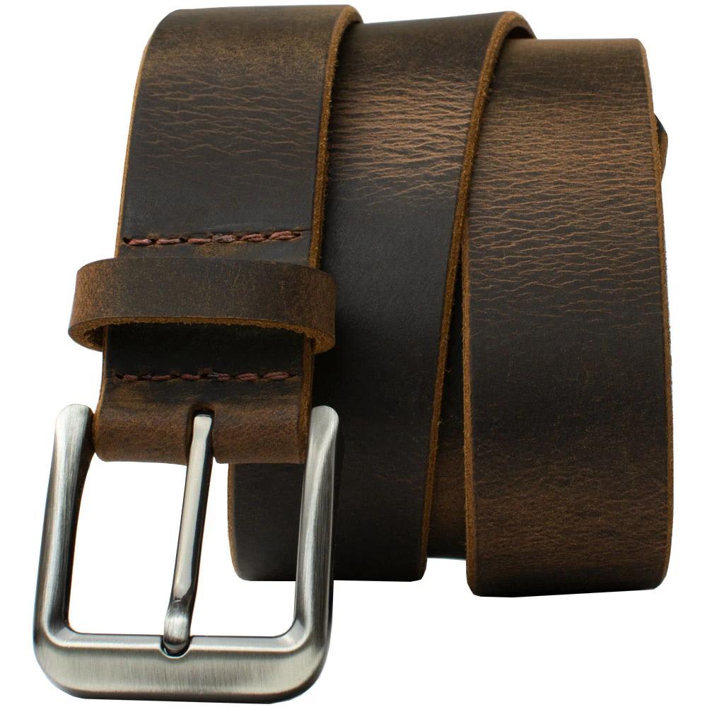 Image of Roan Mountain Distressed Leather Belt.  Brown Leather belt that has distressed or well worn look with nickel free silver buckle