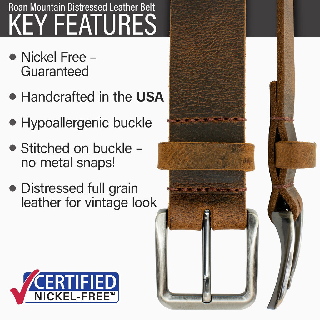 Nickel free; made in USA; hypoallergenic; buckle stitched on; distressed leather; vintage style.